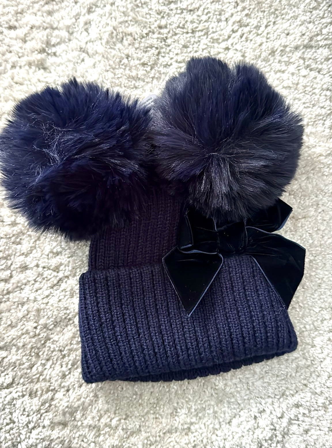 Navy Double Pom Pom Hat with Bow