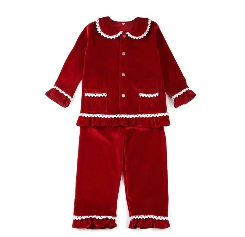 Red Girls Velour Christmas Ruffle Trim Pyjamas