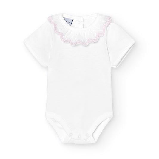 Babidu - Bodysuit with Pink Trim Frill Collar