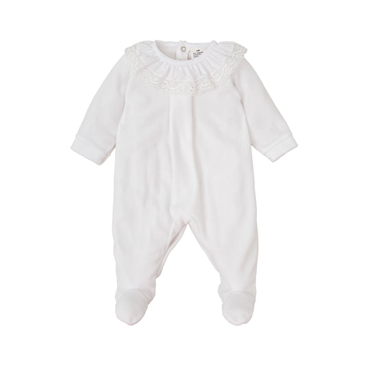 Babidu White Velour Babygrow with Frill Collar