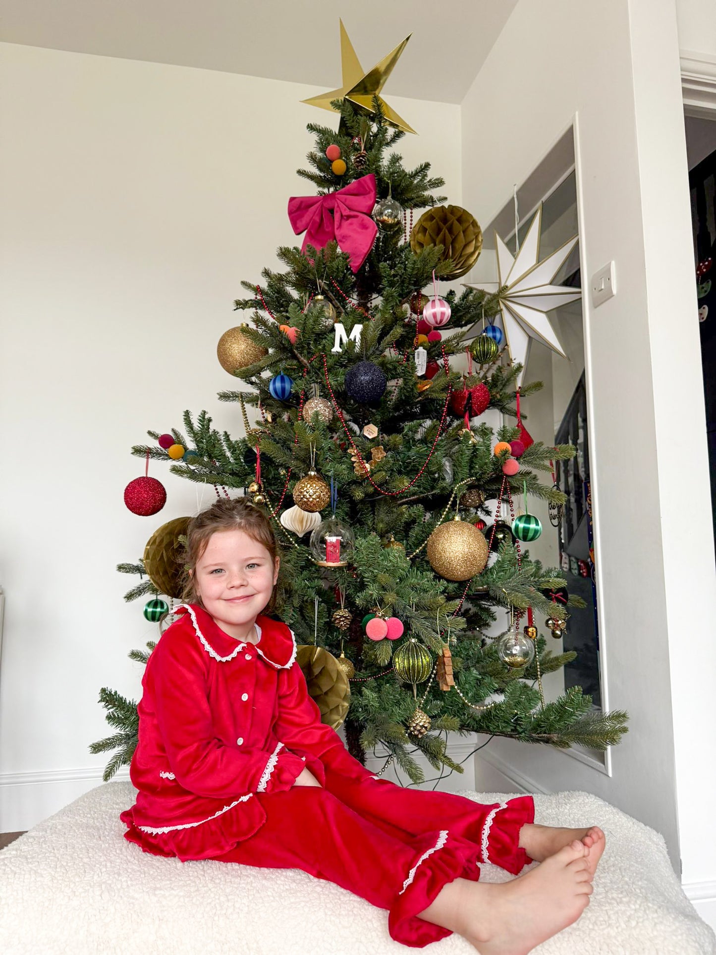 Red Girls Velour Christmas Ruffle Trim Pyjamas