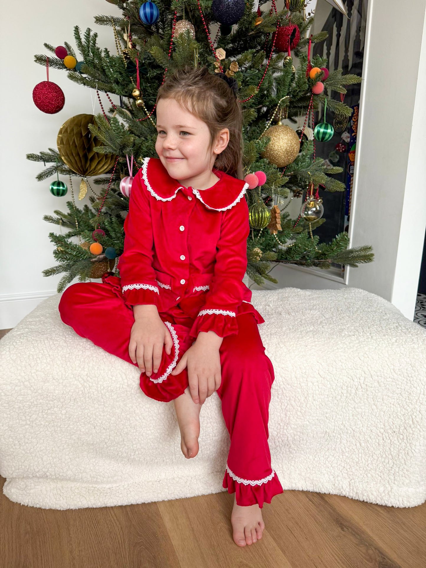 Red Girls Velour Christmas Ruffle Trim Pyjamas