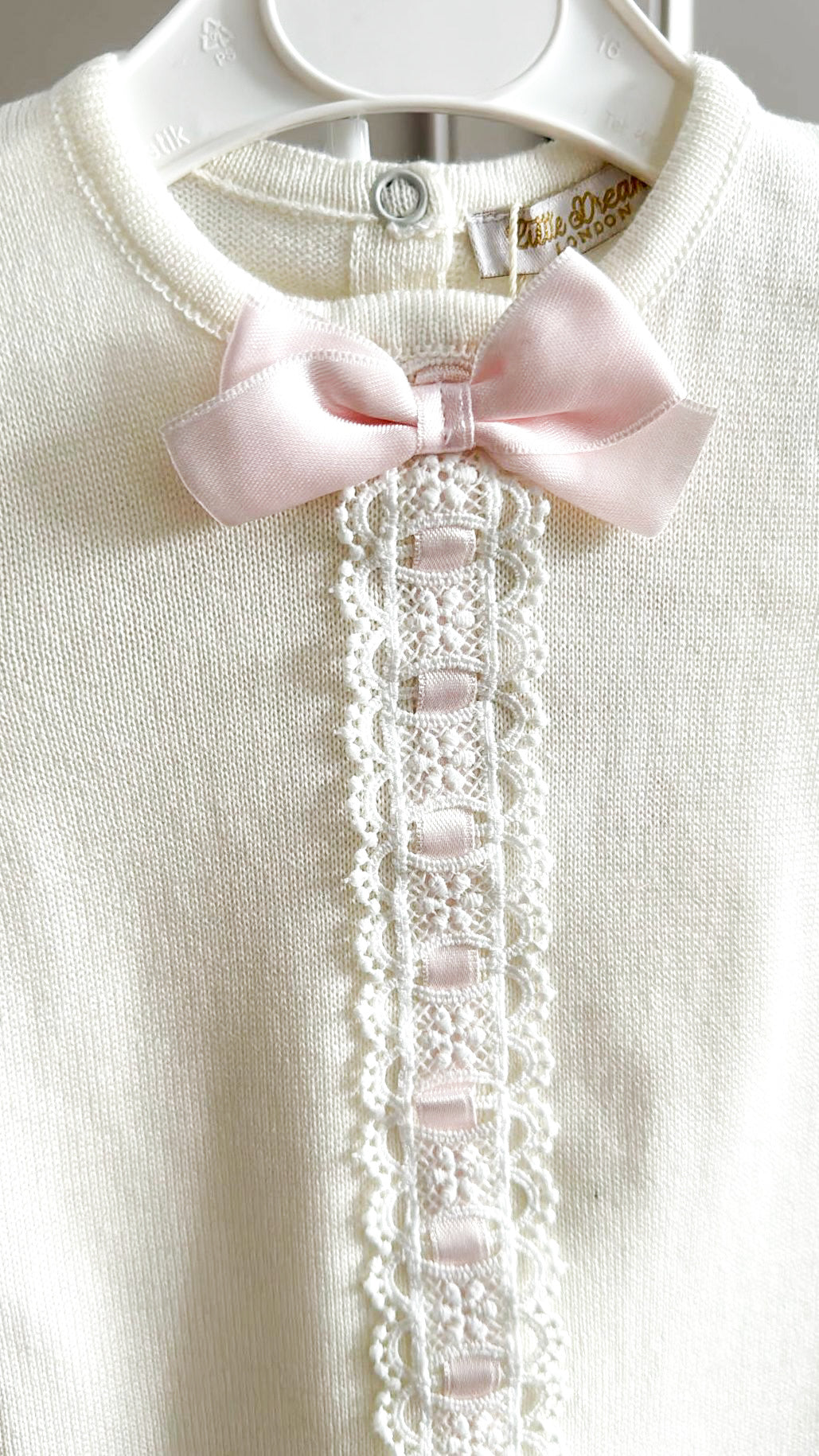 Ivory Knitted Set with Pink Ribbon Detail