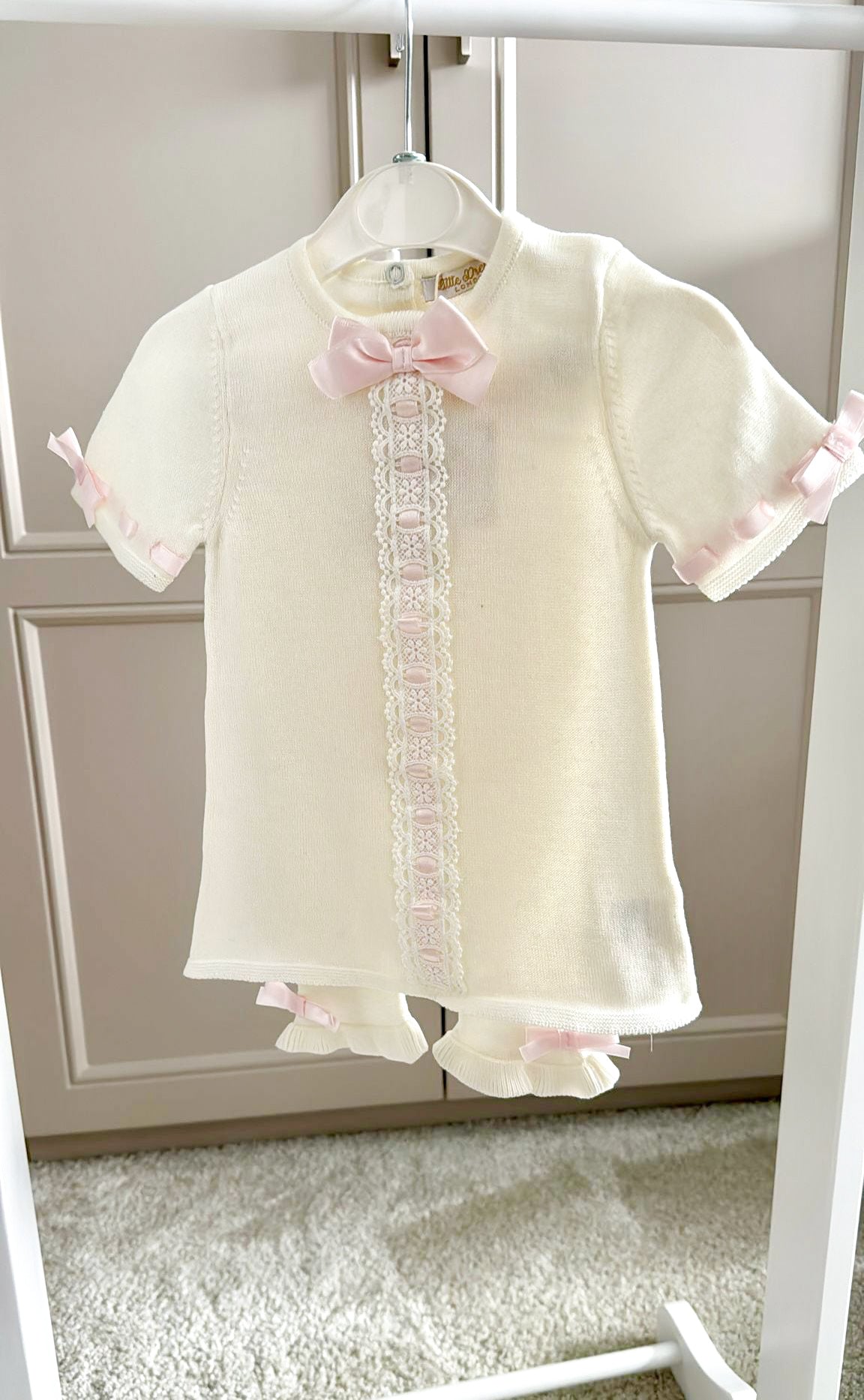 Ivory Knitted Set with Pink Ribbon Detail