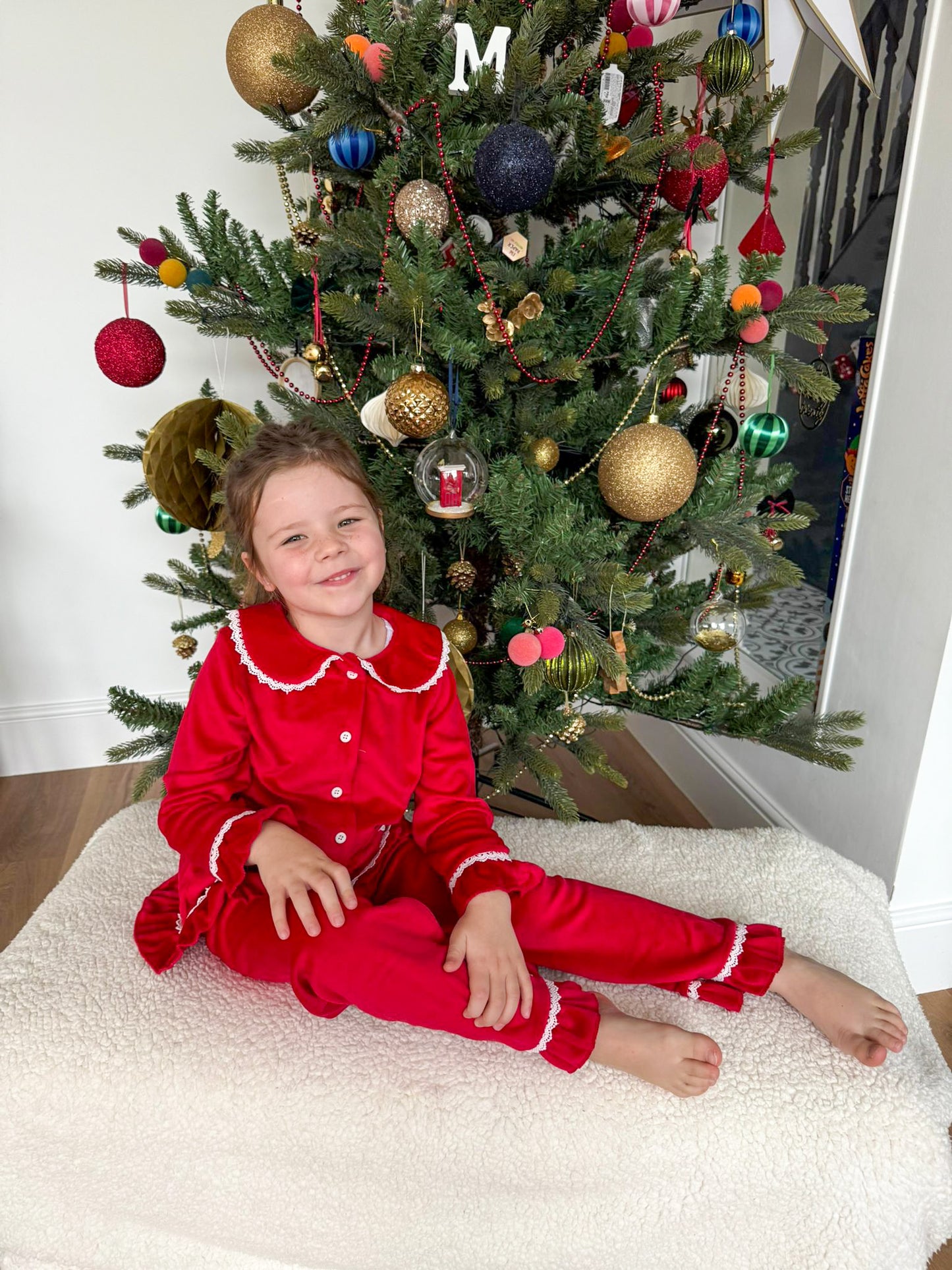 Red Girls Velour Christmas Ruffle Trim Pyjamas