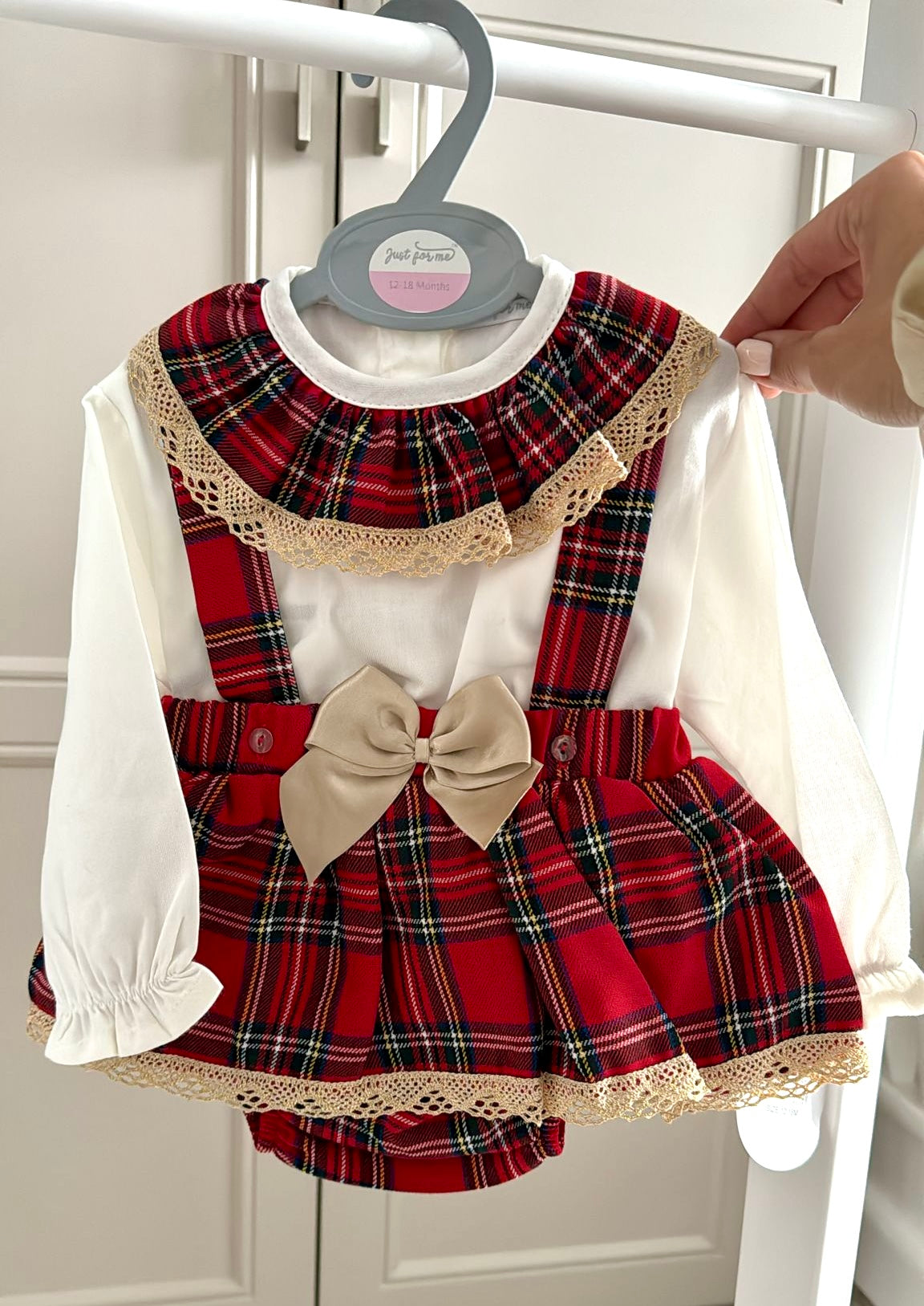 Tartan Suspender Skirt with Frilly Collar Blouse