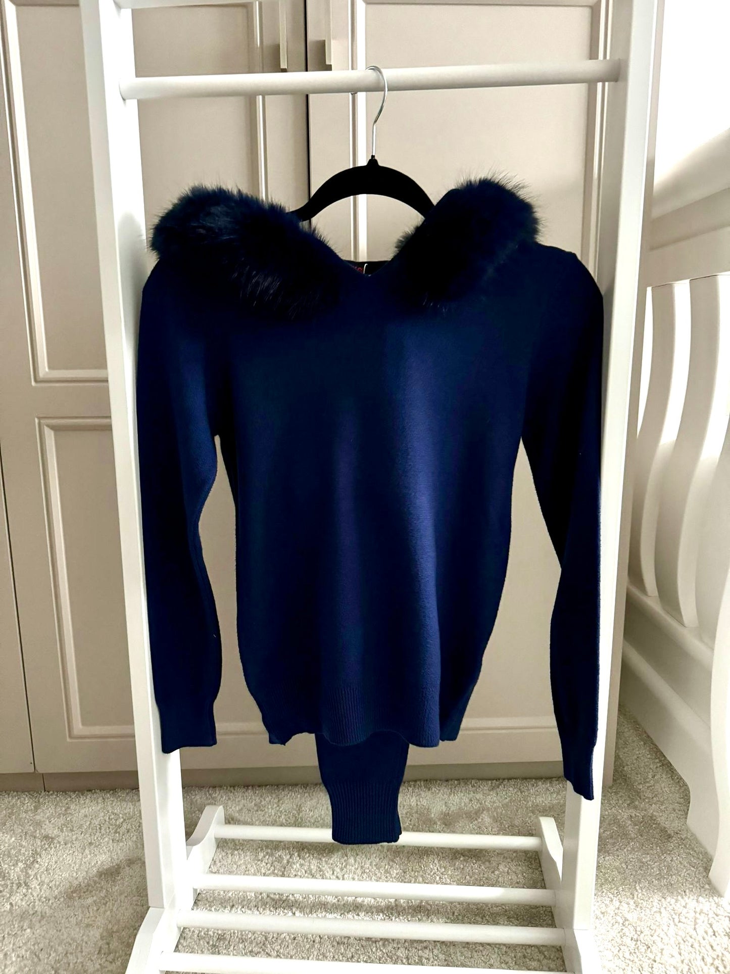 Navy Faux Fur Trim Hood Tracksuit