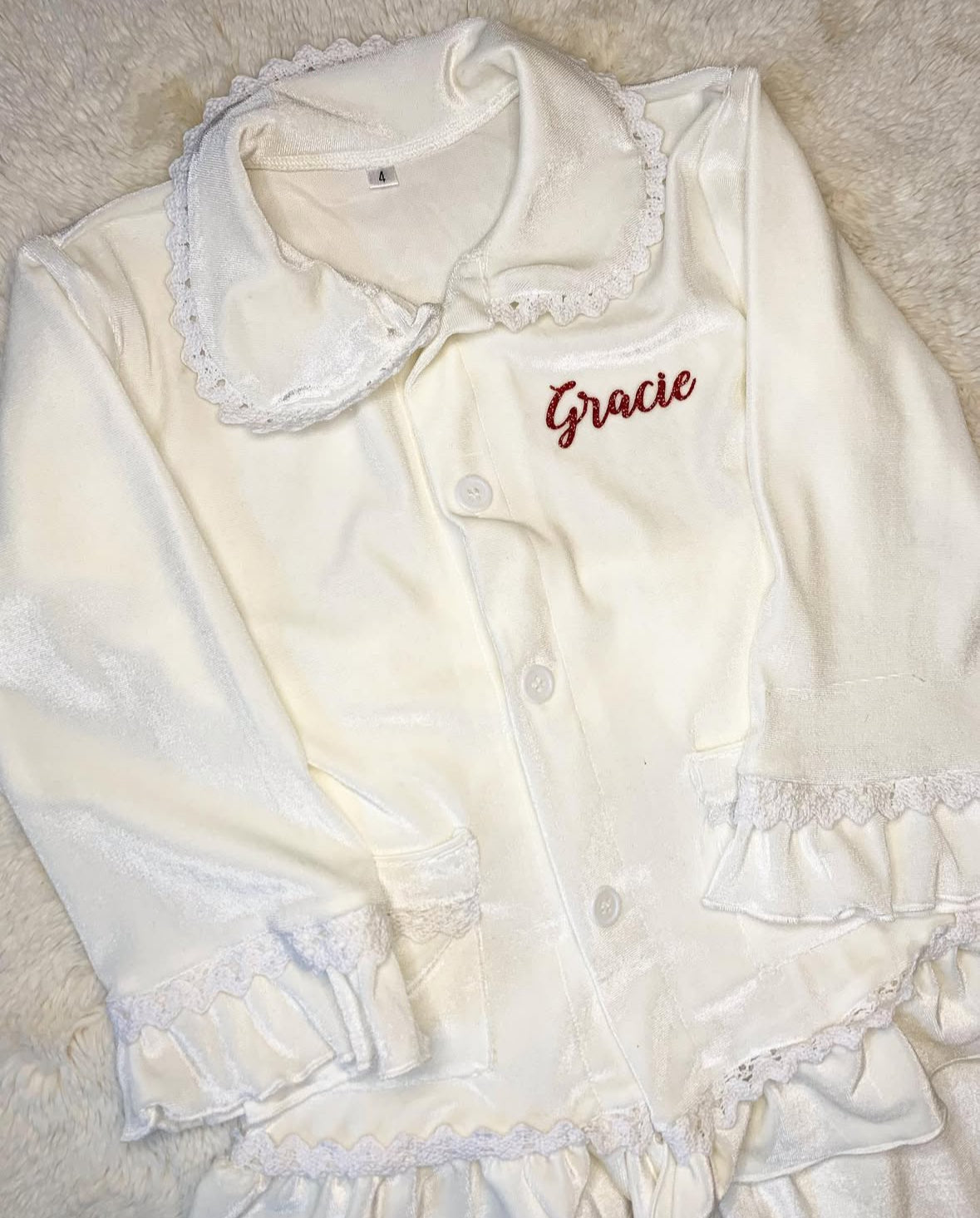 White Girls Ruffle Trim Velour Christmas Pyjamas