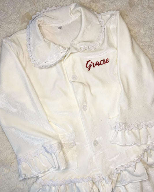 White Girls Ruffle Trim Velour Christmas Pyjamas