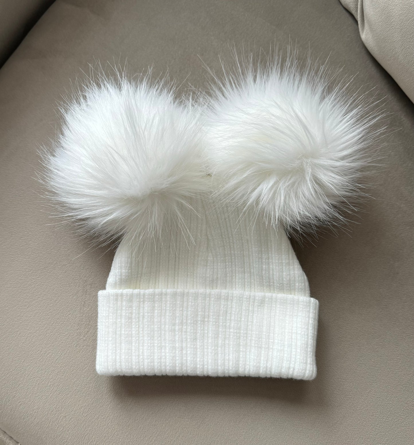 Double Pom Faux Fur Hat - White