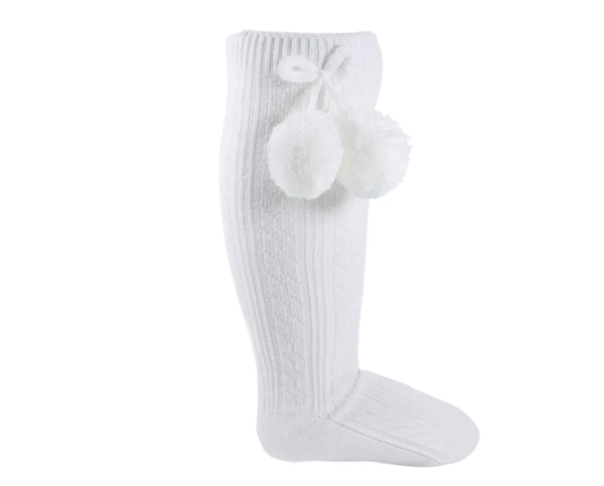 White Knee High Pom Pom Sock