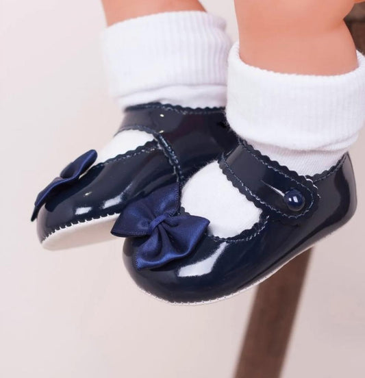 Navy Patent Soft Bottom Diamante Pram Shoe With Ribbon Bow