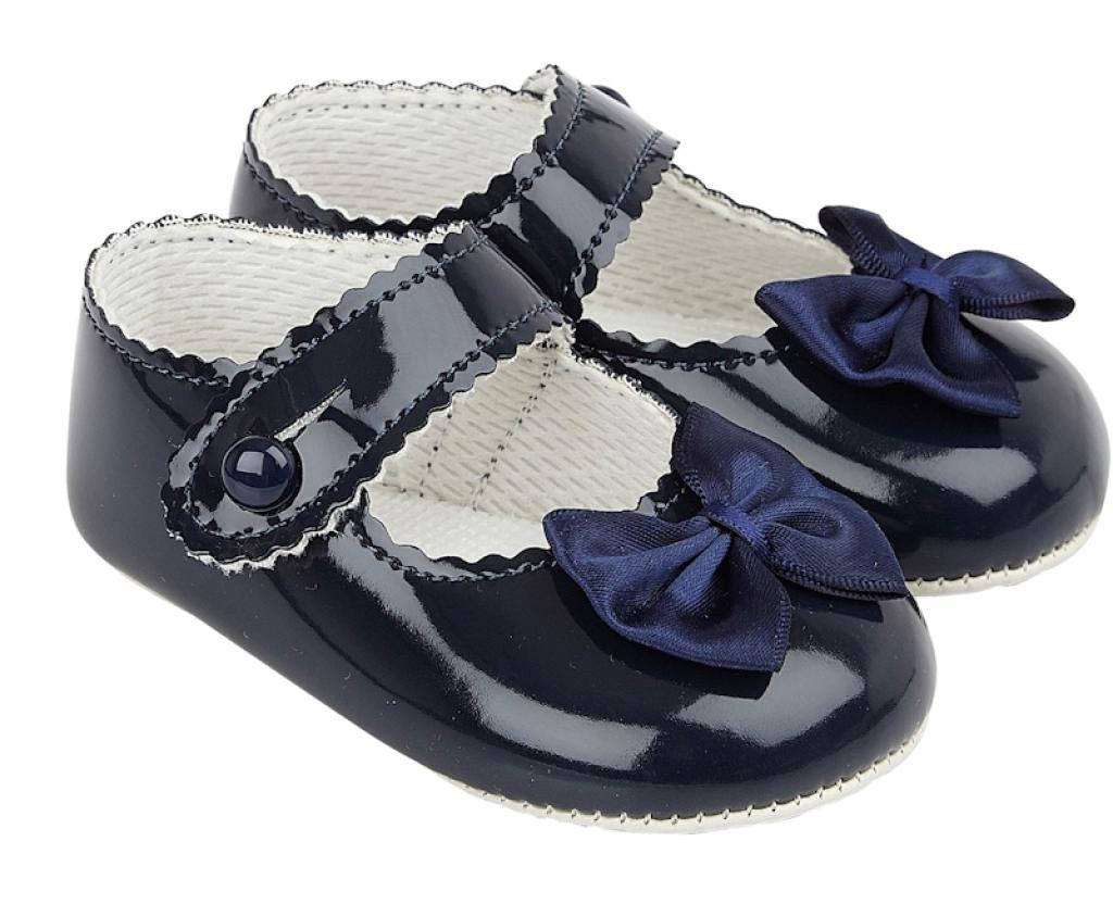 Navy Patent Soft Bottom Diamante Pram Shoe With Ribbon Bow