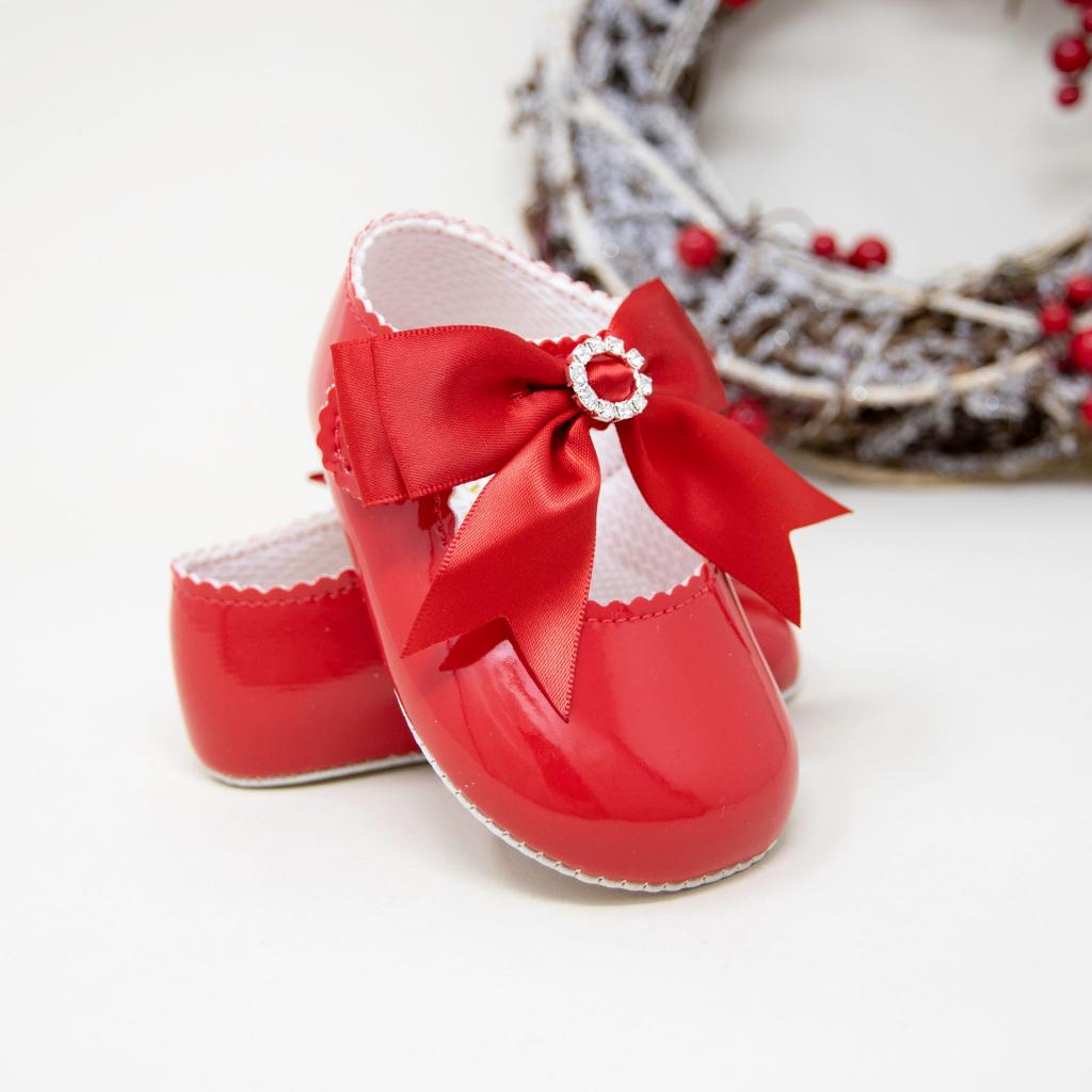 Red Patent Soft Bottom With Red Ribbon Bow Diamante Pram Shoe