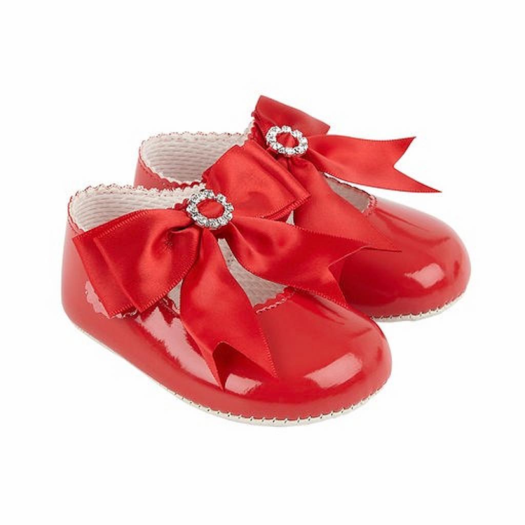 Red Patent Soft Bottom With Red Ribbon Bow Diamante Pram Shoe