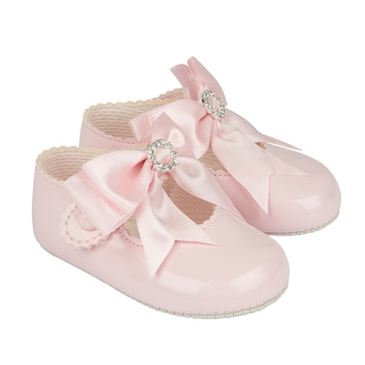 Pink Patent Soft Bottom Diamante Pram Shoe With Pink Ribbon Bow